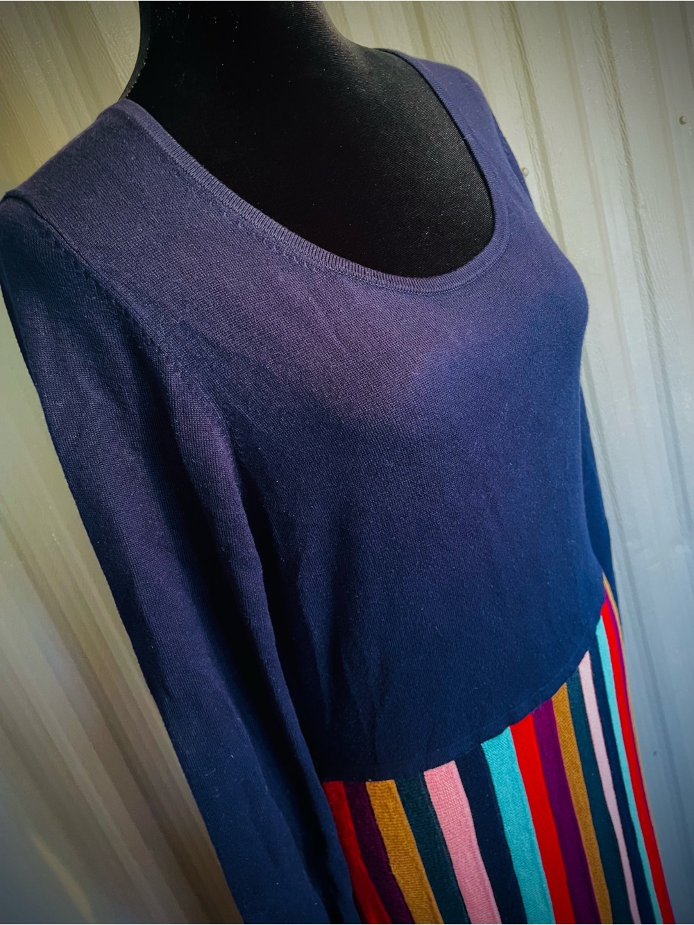 Boden Margie Sweater Dress Navy Rainbow Maxi Fit & Flare Long Sleeve SOFT! sz 12 - Picture 2 of 11